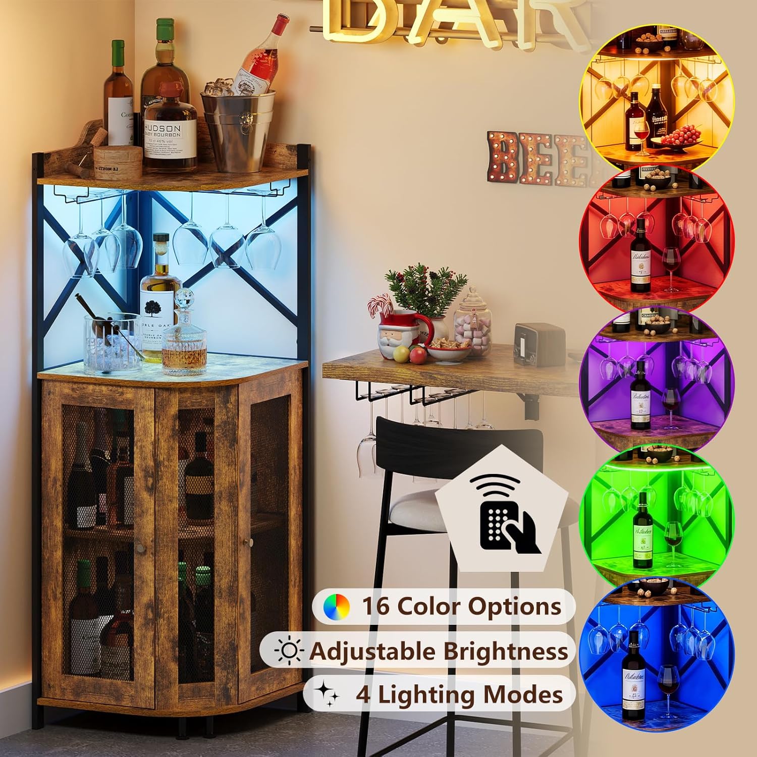 Corner LED Bar Cabinet with Gl - Home Bar Shelves 리뷰 및 가격